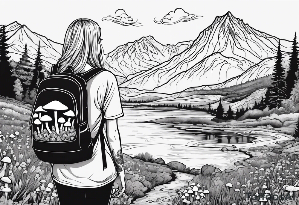 Straight long blonde hair hippie girl in distance holding mushrooms in hand facing away toward mountains and creek surrounded by mushrooms tee shirt and hiking pants tattoo idea