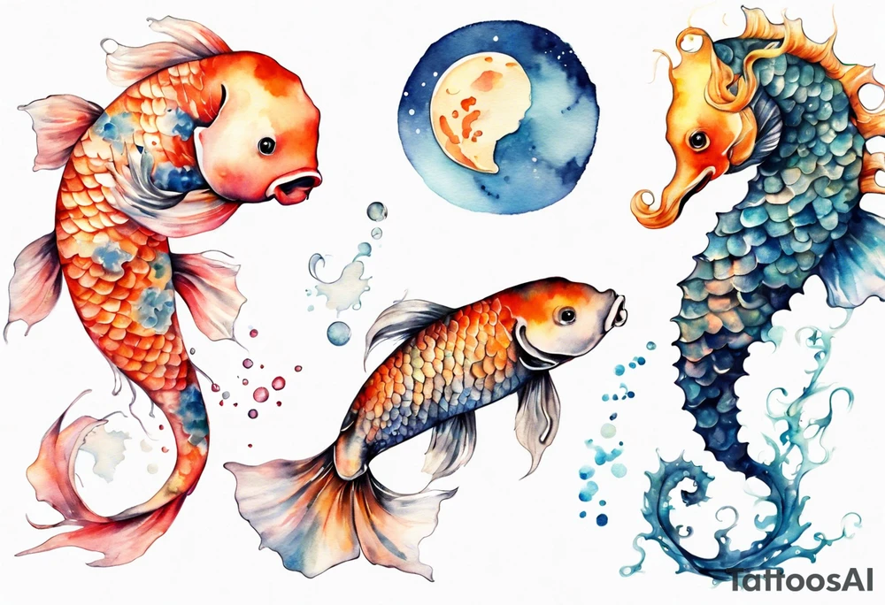 koi carp, jellyfish and a seahorse with the moon tattoo idea