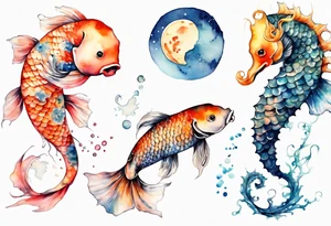 koi carp, jellyfish and a seahorse with the moon tattoo idea