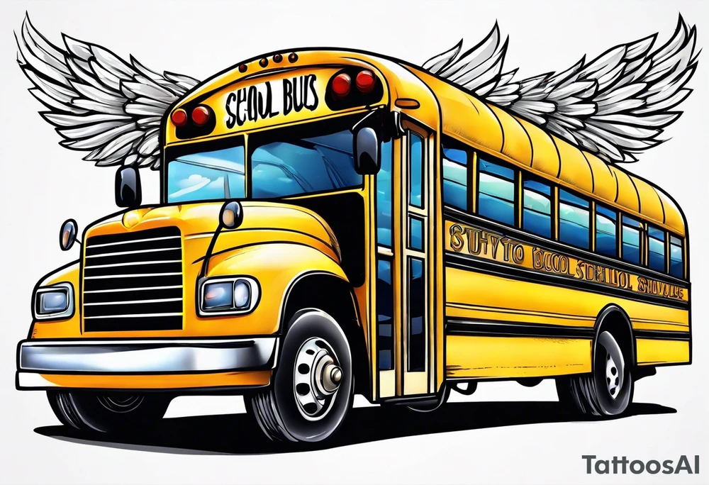 cartoonish school bus with wings tattoo idea