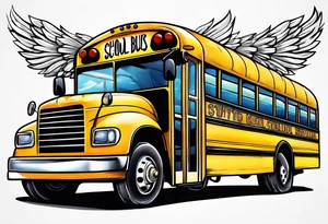 cartoonish school bus with wings tattoo idea