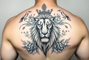 powerful majestic lion with a crown, surrounded by floral ornaments and birds tattoo idea