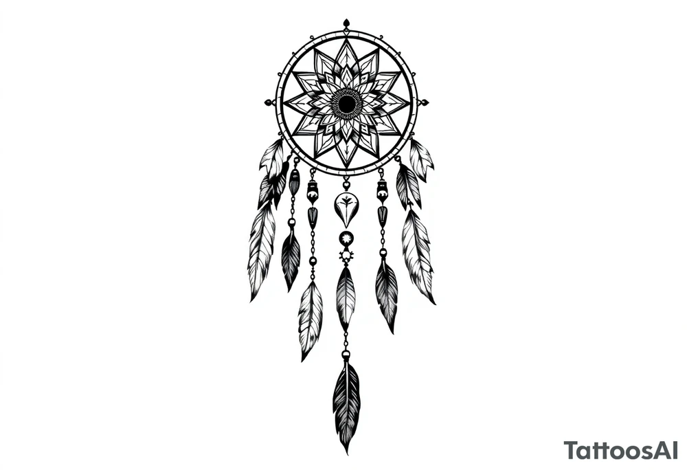 native dreamcatcher with flowing feathers and sacred beads tattoo idea