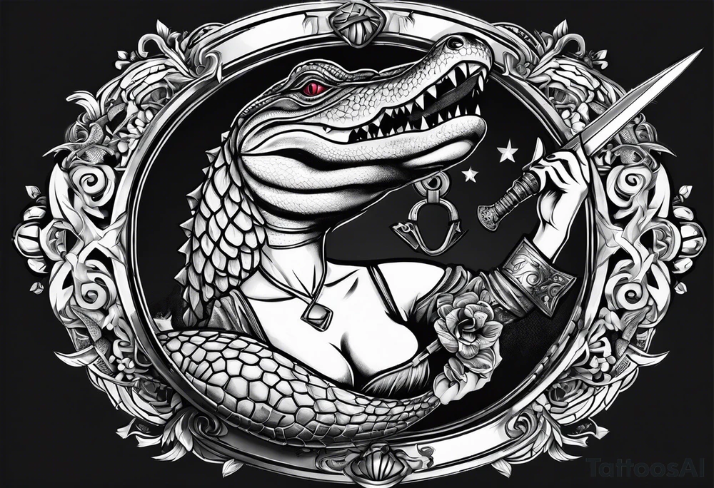 Dagger with an alligator and topless pinup girl tattoo idea
