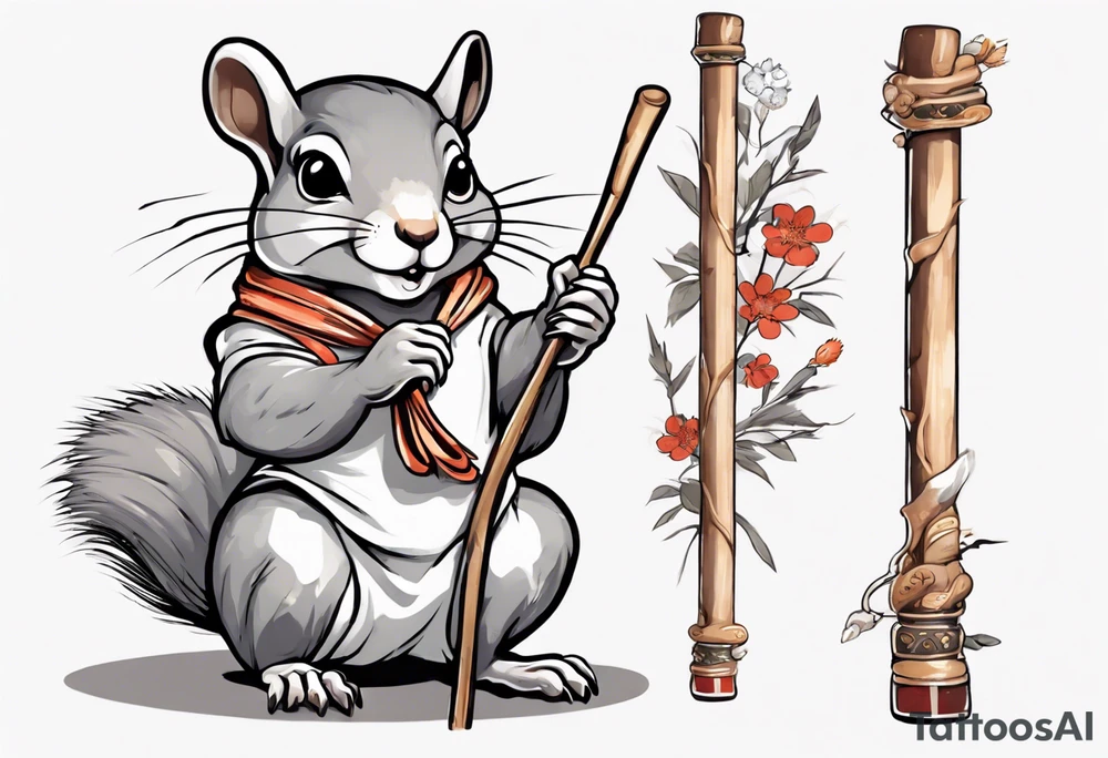 a grey squirrel dressed in a tunic holding a large white stick tattoo idea