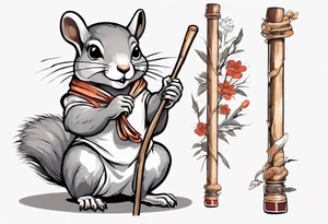 a grey squirrel dressed in a tunic holding a large white stick tattoo idea