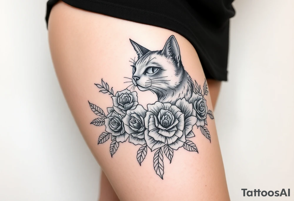 Egyptian cat vintage bouquet of roses and tribal design tattoo idea