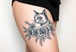 Egyptian cat vintage bouquet of roses and tribal design tattoo idea