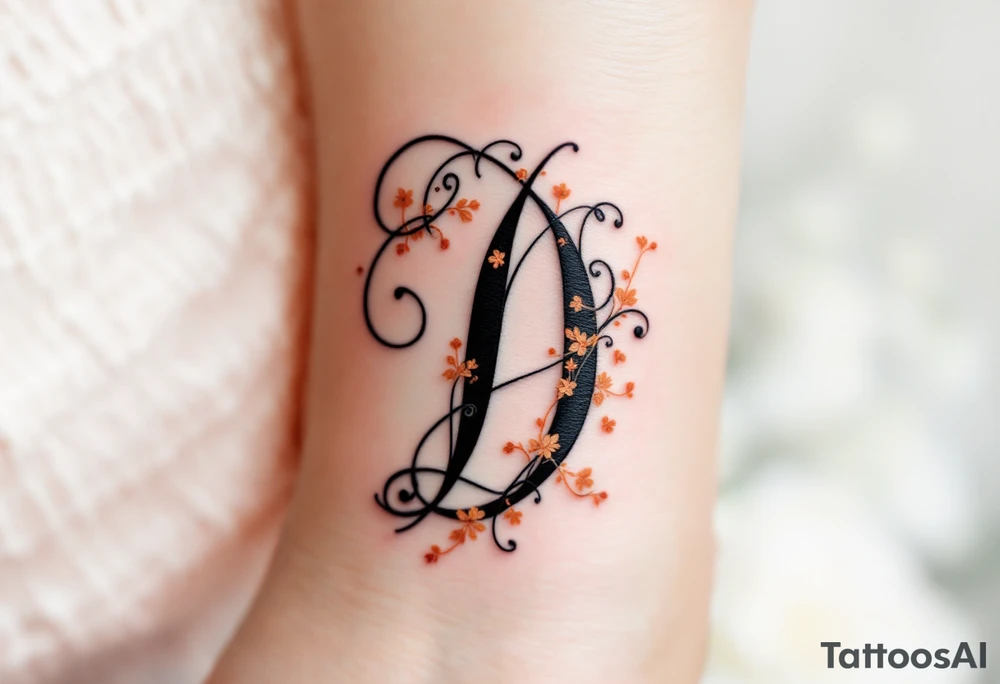 Elegant Script D – A flowing cursive letter D in black ink with delicate orange filigree details wrapping around the curves. tattoo idea