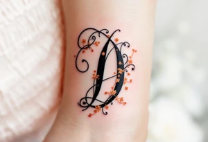 Elegant Script D – A flowing cursive letter D in black ink with delicate orange filigree details wrapping around the curves. tattoo idea