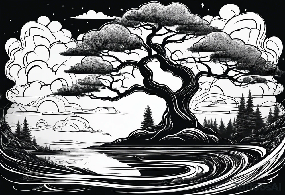 water, clouds, trees tattoo idea