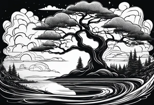 water, clouds, trees tattoo idea