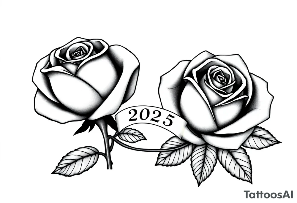 two beautiful large rose buds, one larger than the other, with many leaves next to the rose buds, with one sitting higher than the other. Include a banner connecting the two roses with "2025" on it.   Use dark outlines with little shading. The two stems should be short, not long, and connect and join into one stem, whimsically curved or twisted - not straight down. tattoo idea