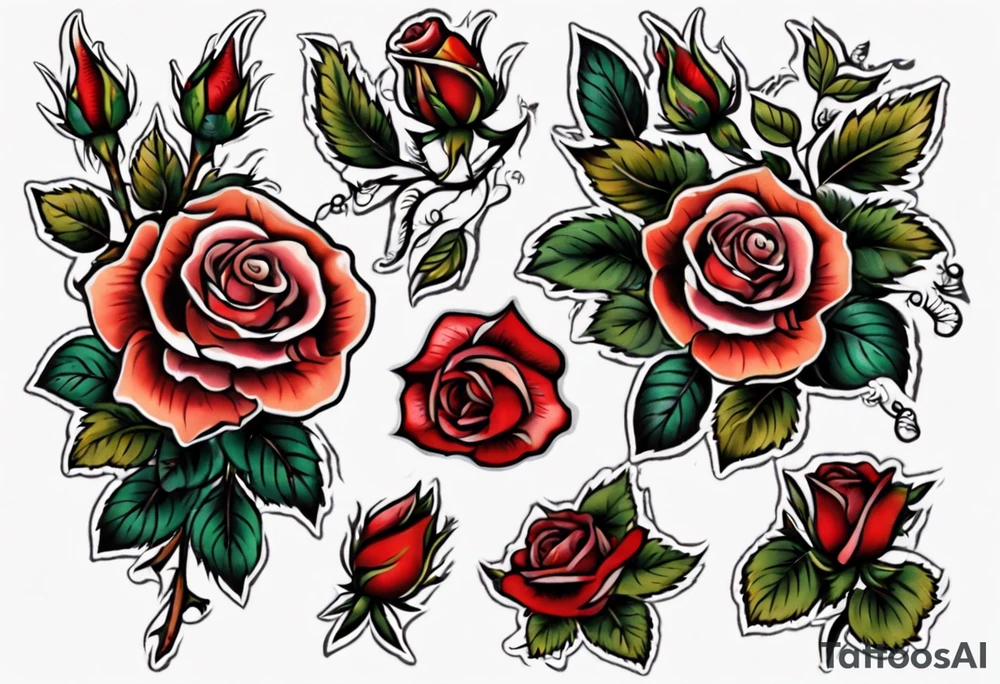 American Traditional rose with three american traditional flowers around it tattoo idea