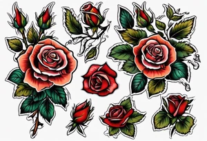 American Traditional rose with three american traditional flowers around it tattoo idea