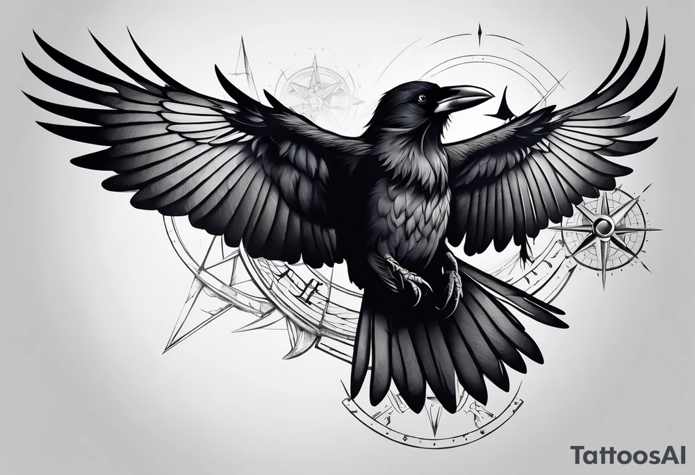 flying crow with compass tattoo idea