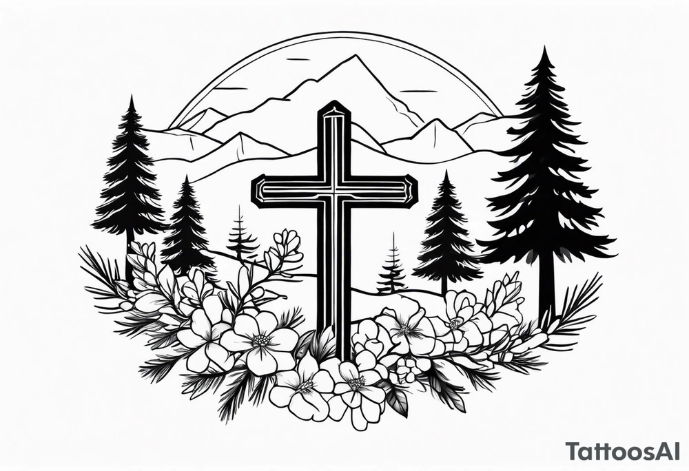 Simple cross tattoo with pine trees and flowers tattoo idea