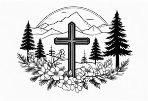 Simple cross tattoo with pine trees and flowers tattoo idea
