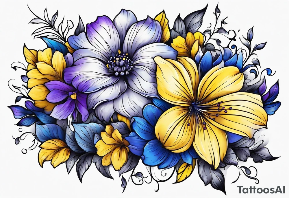 Blue yellow and purple flowers arm sleeve tattoo idea