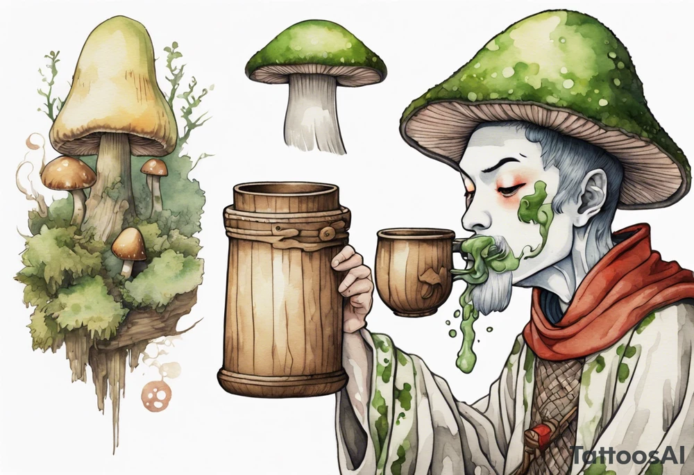 a mushroom person with a moss face wearing a medieval tunic drinking from a wood cup tattoo idea