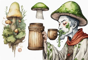 a mushroom person with a moss face wearing a medieval tunic drinking from a wood cup tattoo idea