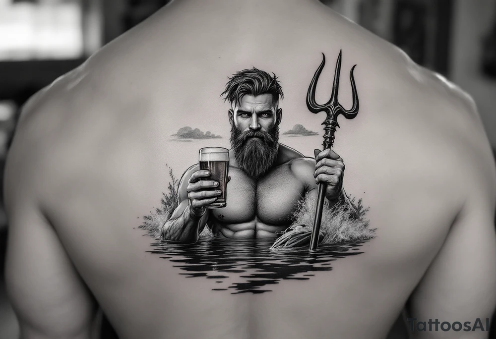 young, happy, fit, short hair, poseidon in calm water, holding a trident, drinking a beer, with sunset, with ski boat tattoo idea