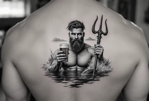 young, happy, fit, short hair, poseidon in calm water, holding a trident, drinking a beer, with sunset, with ski boat tattoo idea