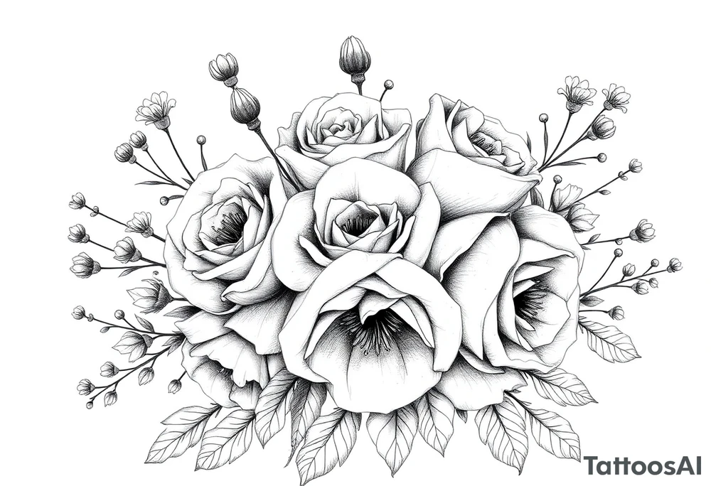 vintage bouquet of wild roses and meadow flowers with morning dew tattoo idea