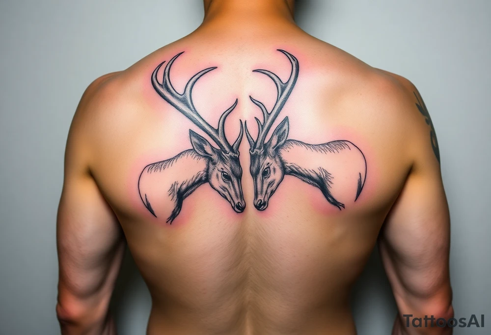Full body Two deer with their heads down hitting horns to show dominance. tattoo idea