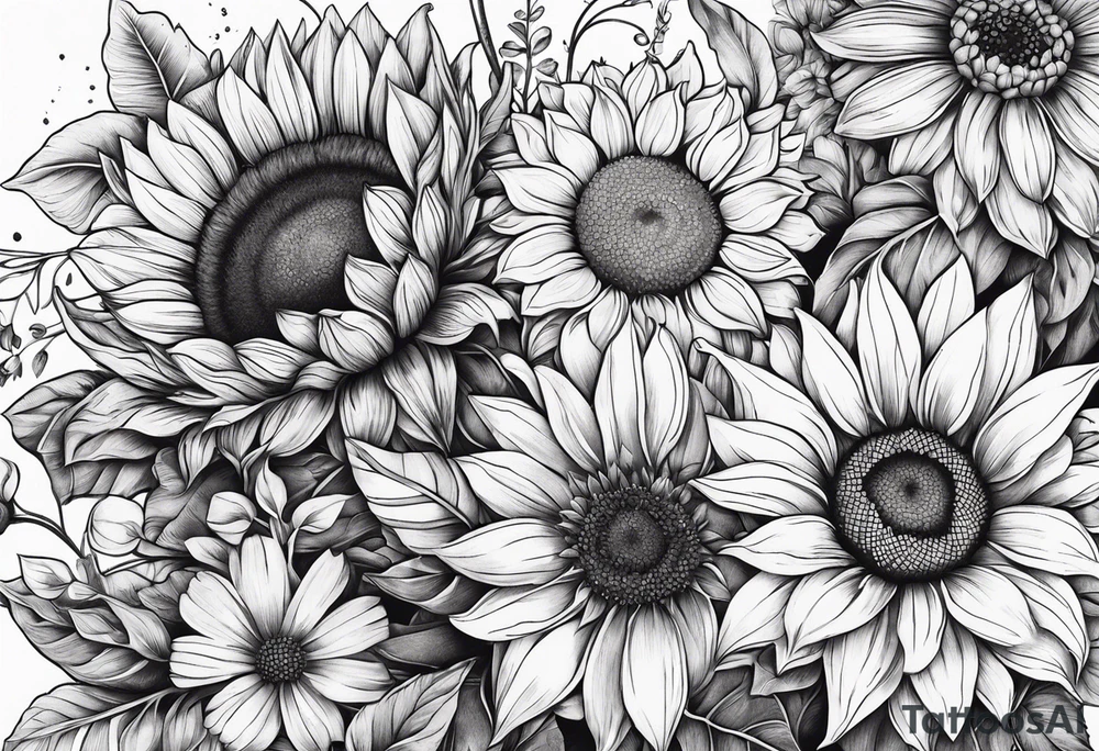 sunflowers, Daisy, wildflower, sleeve tattoo idea