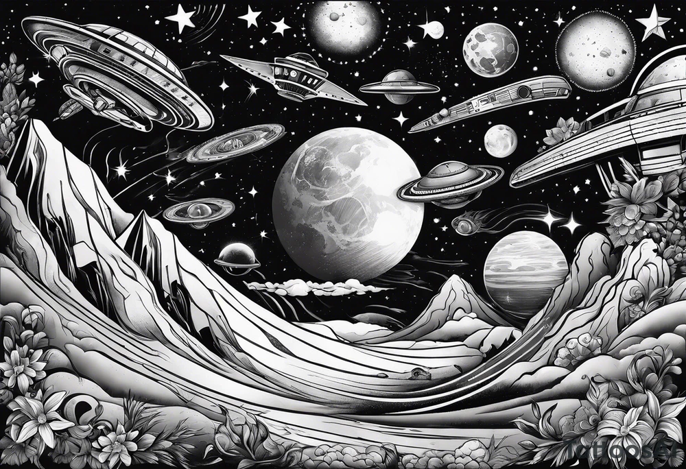 space themed arm sleeve with aliens ufos airplanes and rockets tattoo idea
