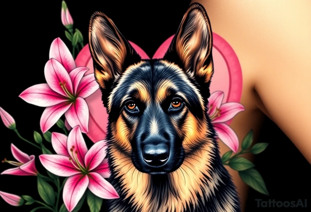 realistic german shepherd with alert ears looking protective surrounded by pink lilies with leaves in front of a sacred heart tattoo idea