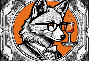 Geometric sly fox with beard and black horn rimmed glasses with Negroni in short lowball cocktail glass with ice and orange peel tattoo idea