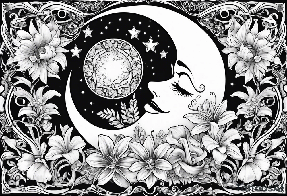 Crescent moon with daisy's, lily’s, crystals, and mushrooms tattoo idea