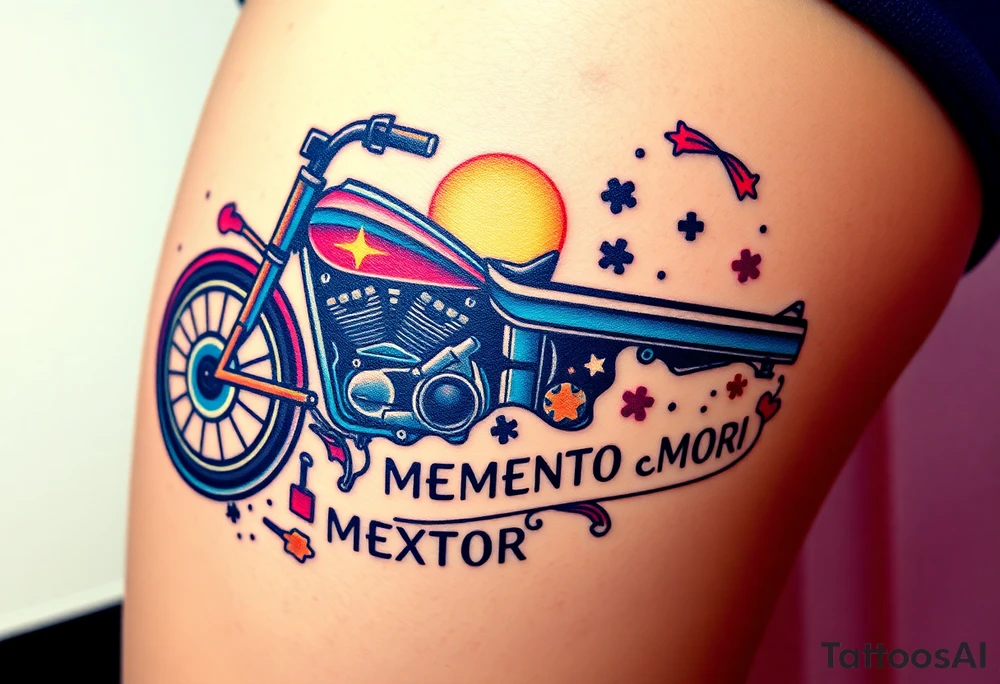 colorful futuristic memory tattoo for passed boyfriend;, Harley Davidson, skateboarding, puzzle pieces, video games, heaven, god, outdoors, beretta 9mm gun, disc golf, words "MEMENTO MORI" & DARTH CARTER tattoo idea