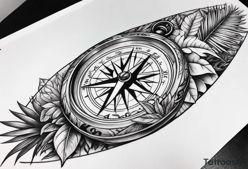 full arm sleeve tattoo with jungle plants, compass, eye tattoo idea