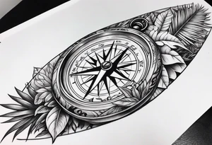 full arm sleeve tattoo with jungle plants, compass, eye tattoo idea
