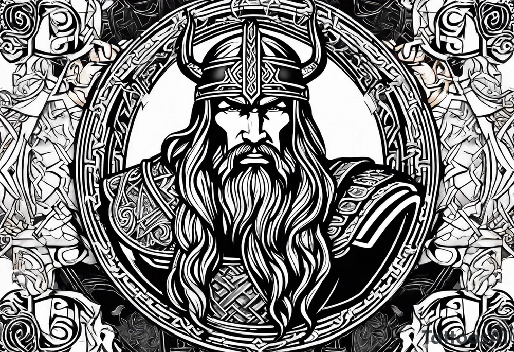 Thor with Viking runes in the background as a vignette tattoo idea