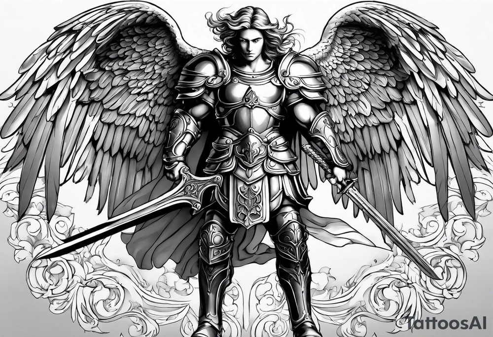 **Tattoo Design: Archangel Michael**

- **Central Theme**: Archangel Michael, majestic and powerful, stands ready with a raised sword, prepared to battle evil.
- **Appearance**: The figure of Archangel Michael depicted in full angelic armor, with majestic wings spread wide.
- **Expression**: His stance conveys strength, courage, and determination in defense of good.
- **Details**: Focus on intricate details such as facial features, armor embellishments, and the raised sword.
- **Background**: May be stylized as celestial, with rays of light or clouds, accentuating the divine presence of Archangel Michael.
- **Placement**: Intended for placement on the chosen body area, with the option to adjust the size according to personal preferences. tattoo idea