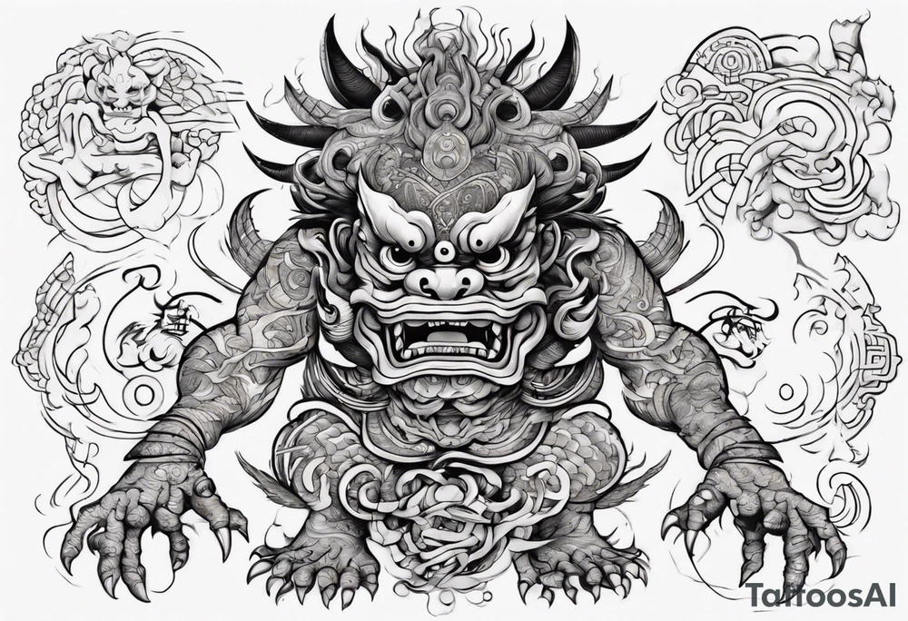 Hindu monster with connecting lines going out of it tattoo idea