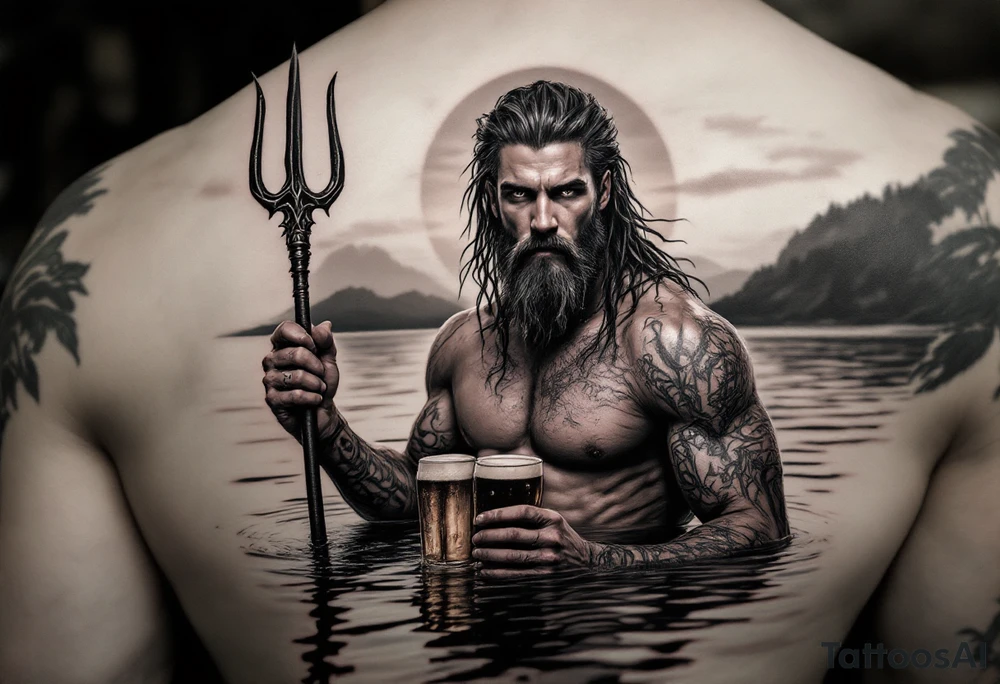 young, fit poseidon in calm water, holding a trident, holding a beer, with sunset tattoo idea