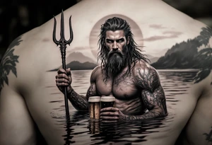 young, fit poseidon in calm water, holding a trident, holding a beer, with sunset tattoo idea