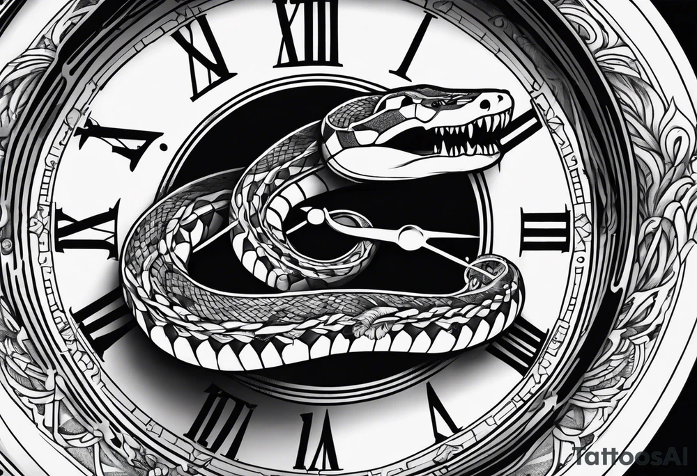 Hand tattoo snake biting clock with skeleton hand bone on wrist tattoo idea
