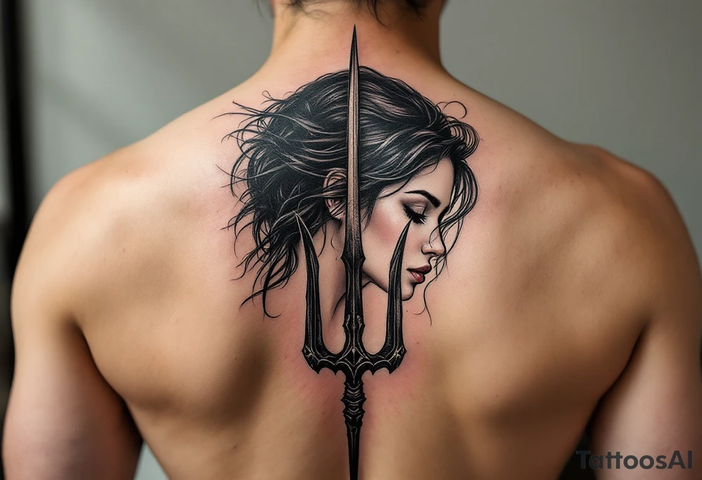 gentle woman face with black hair behind trident tattoo idea