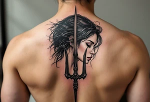 gentle woman face with black hair behind trident tattoo idea