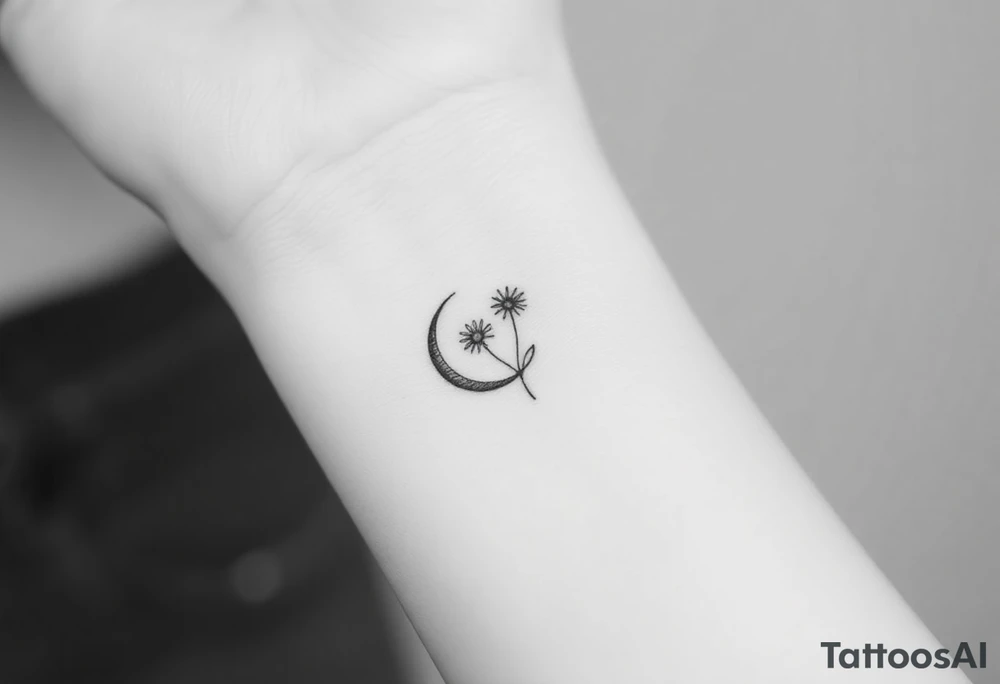 Small black and white tattoo waxing crescent moon with small Daisy birth flower and tiny Leo gliph tattoo idea