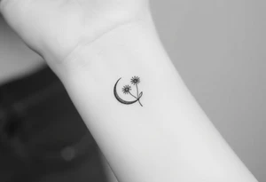 Small black and white tattoo waxing crescent moon with small Daisy birth flower and tiny Leo gliph tattoo idea