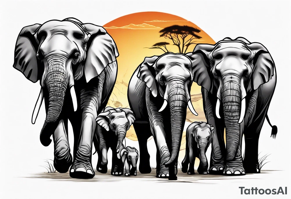 family of 6 elephants walking into sunset after one of them has died tattoo idea