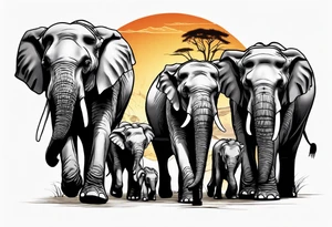 family of 6 elephants walking into sunset after one of them has died tattoo idea