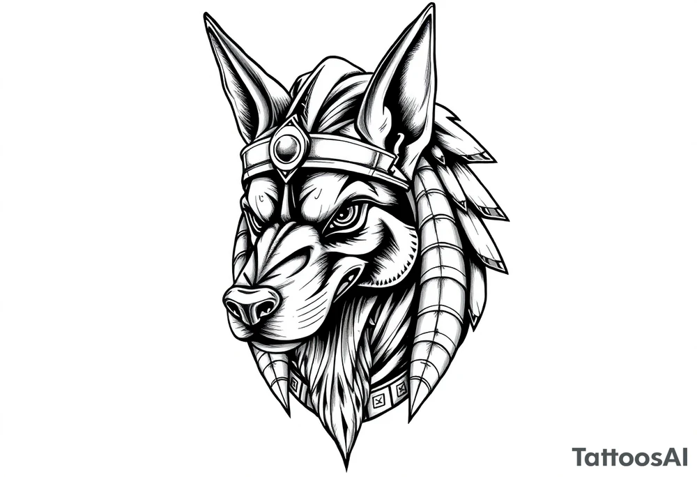 Egyptian Anubis god powerful face muscle in Egypt style with mantle on head dog face long ears tattoo idea